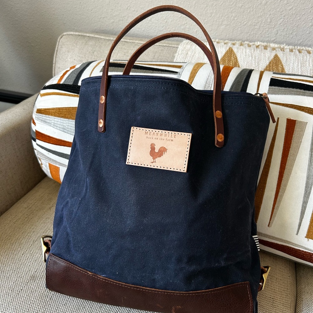 Stylish Navy and Brown Canvas Tote / Backpack